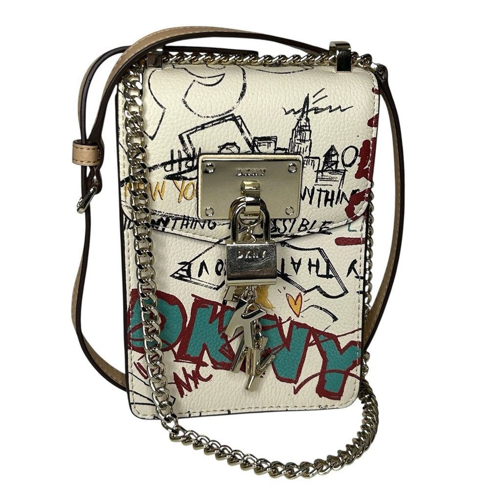 DKNY Womens Elissa North South Cream Graffiti Print Leather Crossbody Bag